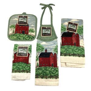 Warren Kimble Red Barn Tapestry Kitchen Set | Farmhouse Design Apron Towel VTG